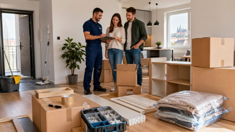 Pár konzultuje se stěhovačem seznam položek v bytě plném krabic a vakuově balených polštářů s výhledem na Brno