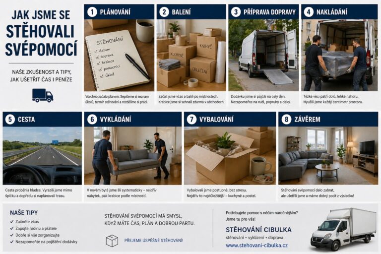 Infografika osmi kroků stěhování – plánování, balení, příprava, nakládání, cesta, vykládání, vybalování a závěrem od firmy Stěhování Cibulka