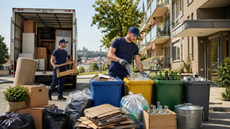 Pracovníci třídí a likvidují odpad po stěhování u kontejnerů před bytovým domem, v pozadí panorama Brna