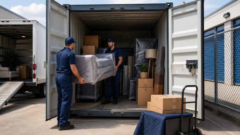 Koláž záběrů stěhovací firmy v Brně – vozový park, balení nábytku, nakládka krabic a stěhovací vůz s panoramatem Brna