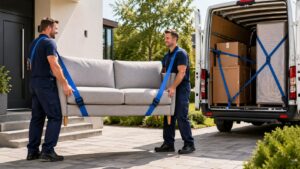 Dva stěhovníci nesou pohovku pomocí stěhovacích popruhů k naložené dodávce před rodinným domem