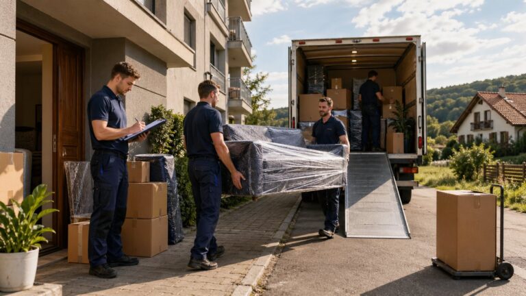 Vedoucí čety zapisuje do formuláře při nakládání zabaleného nábytku a krabic do stěhovacího vozu