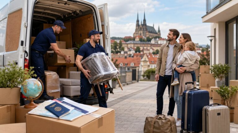 Rodina s dítětem sleduje nakládání dodávky před odjezdem do zahraničí, v pozadí panorama Brna s katedrálou Petrov