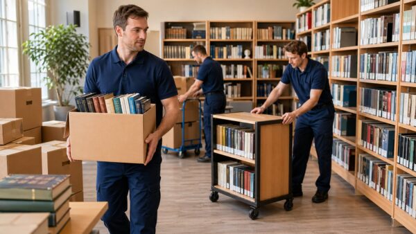 Tři pracovníci stěhují knihovnu – přenášejí krabice s knihami a pojízdné regály v knihovním sále