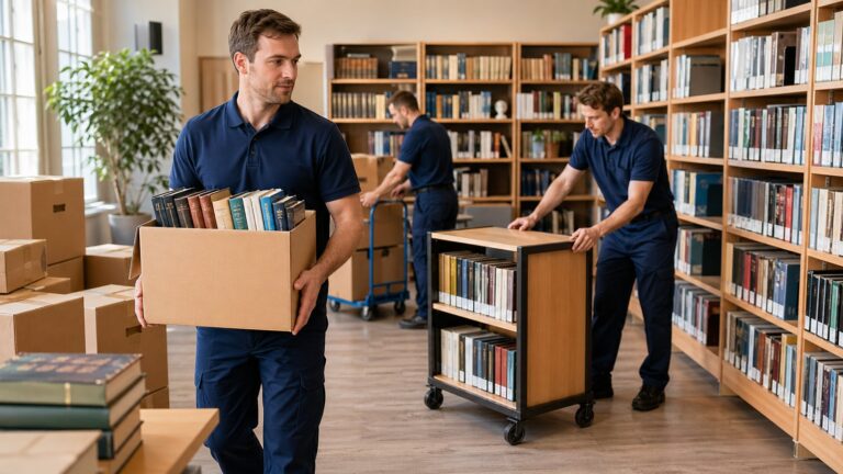 Tři pracovníci stěhují knihovnu – přenášejí krabice s knihami a pojízdné regály v knihovním sále