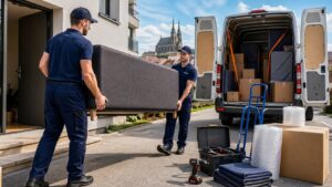 Dva stěhovníci nakládají matraci do dodávky před bytovým domem s katedrálou Petrov v pozadí