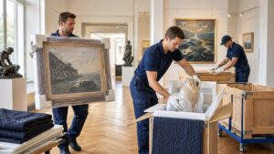 Pracovníci v rukavicích opatrně přenášejí olejomalbu a balí sochy v galerijním prostoru