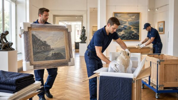 Pracovníci v rukavicích opatrně přenášejí olejomalbu a balí sochy v galerijním prostoru