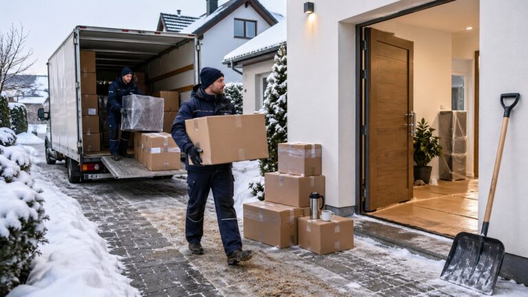 Stěhovací dělníci vykládají krabice ze stěhovacího vozu před rodinným domem v zimě při sněhu